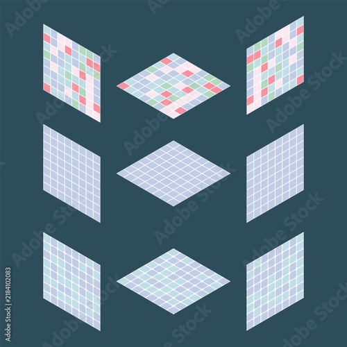 Cool tone grid line pattern isometric floor set. Vector illustration.