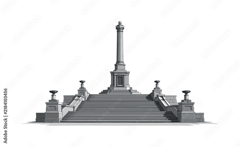 Fototapeta premium Grand stone monument staircase with tall column and urns on a white background