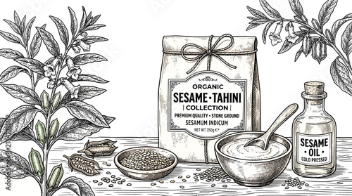 Фотография Very beautiful black and white realistic vector collection of ORGANIC SESAME fea