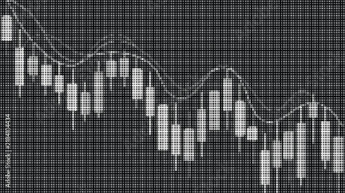 Financial stock market candlestick chart with trend line in halftone style