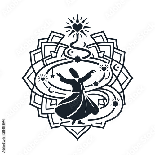 Foto Sufi whirling dervish vector illustration, mystical Mevlevi dancer silhouette, s
