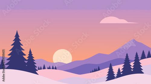 Flat design winter sunset landscape with rolling purple snowy hills, dark blue fir tree silhouettes, and soft gradient sky in pink and peach tones, minimalist vector illustration for backgrounds