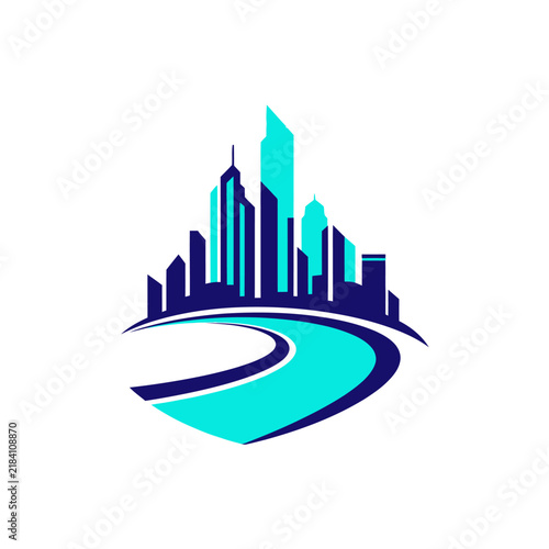 Modern Cityscape With Flowing River Graphic Design Emblem
