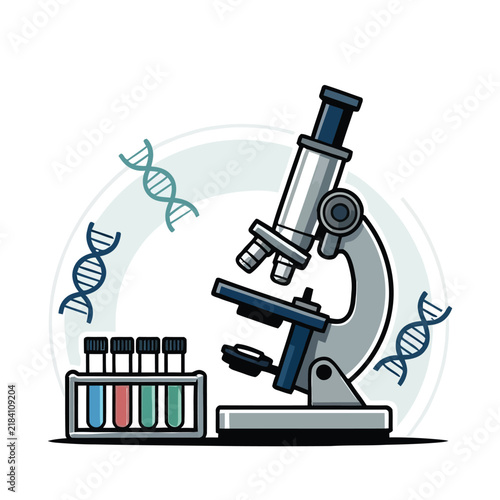 Microscope with DNA double helix strands and test tubes, detailed scientific vector illustration representing genetics, biotechnology, laboratory research and analysis.