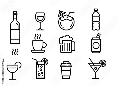 Cocktail and beverage outline icon set, twelve minimalist black line drink illustrations featuring assorted glasses for bar menus, hospitality, and packaging.