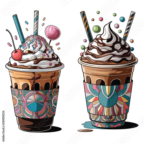 Chocolate milkshakes with whipped cream and colorful sprinkles, delicious creamy dessert drinks presented as a vibrant vector illustration.