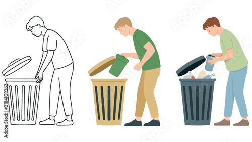 waste bin illustration, Man disposing waste into a trash can, colorful vector illustration showing responsible garbage disposal, environmental cleanliness, recycling awareness, and everyday waste man.