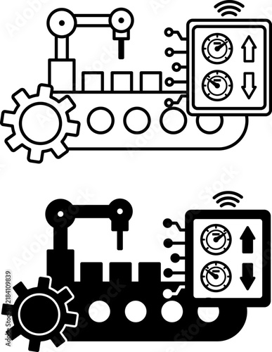 Icons Cyber-Physical Systems. Robotic Arm, Conveyor Belt, and Gear. The Gateway Collects Data from Machines and Transmits It Over the Network. Smart Factory and Industrial IoT Concept