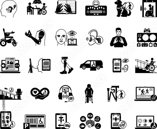 Glyph Accessibility and Universality Icon Set. Vector Illustrations Electric Wheelchair, Hearing Aid, Prosthetic Leg, Prosthetic Arm, Sign Language Translation, Guide Dog, and More