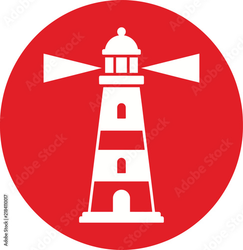 Minimalist lighthouse icon in red circle, white beacon tower vector illustration, nautical maritime signal symbol for logo design