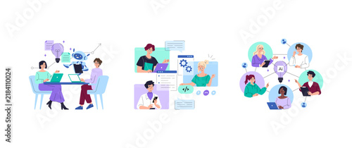 AI Team Collaboration and Developers Working Online Set
