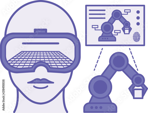 Purple Augmented Reality Maintenance Icon. Vector Illustration. Equipment Maintenance and Repair Via Smart Glasses. Person in VR Glasses and Robotic Arm. Smart Factory and Industrial IoT Concept