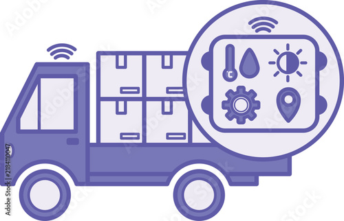 Purple Asset Tracking Tag Icon. Vector Illustration. Electronic Device for Monitoring the Location, Movement, and Status of Cargo. Truck with Goods. Smart Factory and Industrial IoT Concept