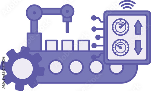Purple Cyber-Physical Systems Icon. Robotic Arm, Conveyor Belt, and Gear. The Gateway Collects Data from Machines and Transmits It Over the Network. Smart Factory and Industrial IoT Concept