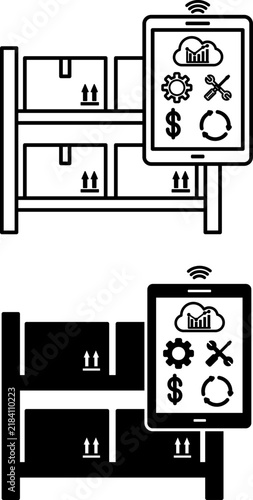 Smart Inventory Management Icons. Inventory Control and Logistics Based on Automation and Real-Time Sensors. Shelf Stock Monitored by a Smart Sensor. Smart Factory and Industrial IoT Concept