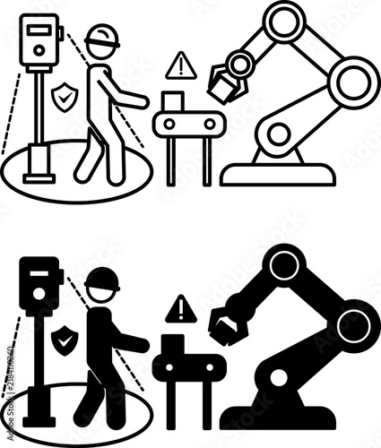 Smart Safety Sensor Icons. A Device That Prevents Accidents and Employee Injuries. A Robotic Arm Working on a Conveyor, and a Warning Sign. Smart Factory and Industrial IoT Concept