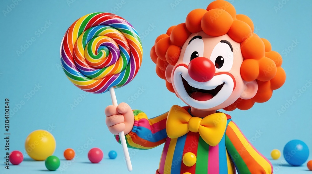 Naklejka premium Cheerful 3D cartoon clown character holds big colorful rainbow lollipop. Happy circus mascot with orange hair, red nose smiles on blue background. Fun kid party concept with bright candy, floating