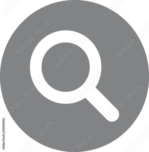 Minimalist magnifying glass icon, white search symbol on gray circle background, flat vector glass for web interface navigation
