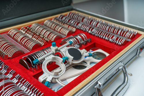 Obraz na plátne Professional ophthalmology set for measuring diopters with glasses and lenses,