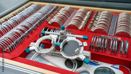 Obraz na plátne Professional ophthalmology set for measuring diopters with glasses and lenses,