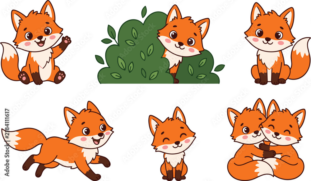 Fototapeta premium Cute Cartoon Red Fox Vector Character Set Featuring Waving Running Sitting Poses and Peeking Behind a Green Bush for Kids Sticker Designs