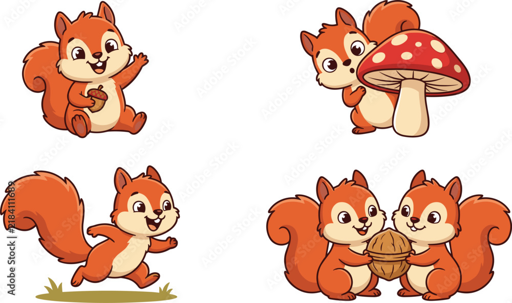 Obraz premium Cute Cartoon Squirrel Vector Mascot Character Set Featuring Waving Running Poses and Peeking Behind a Mushroom with Acorn and Walnut Nut Elements