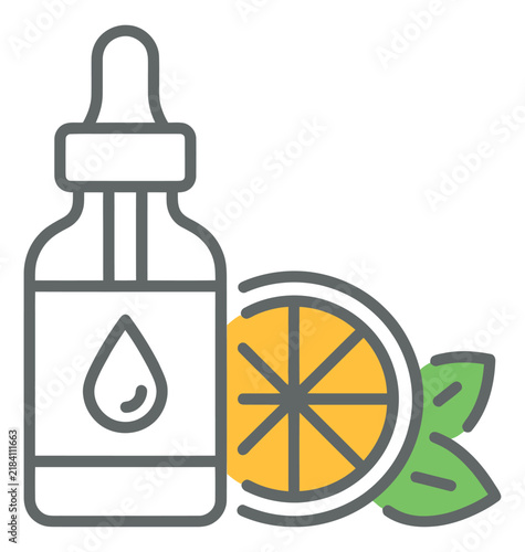 Outline illustration of essential oil dropper bottle with lemon slice and mint leaves depicting natural aromatherapy for wellness and beauty design