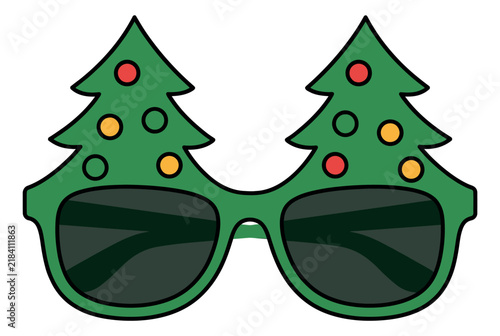 Cartoon illustration of Christmas tree sunglasses depicting festive novelty eyewear for holiday party design