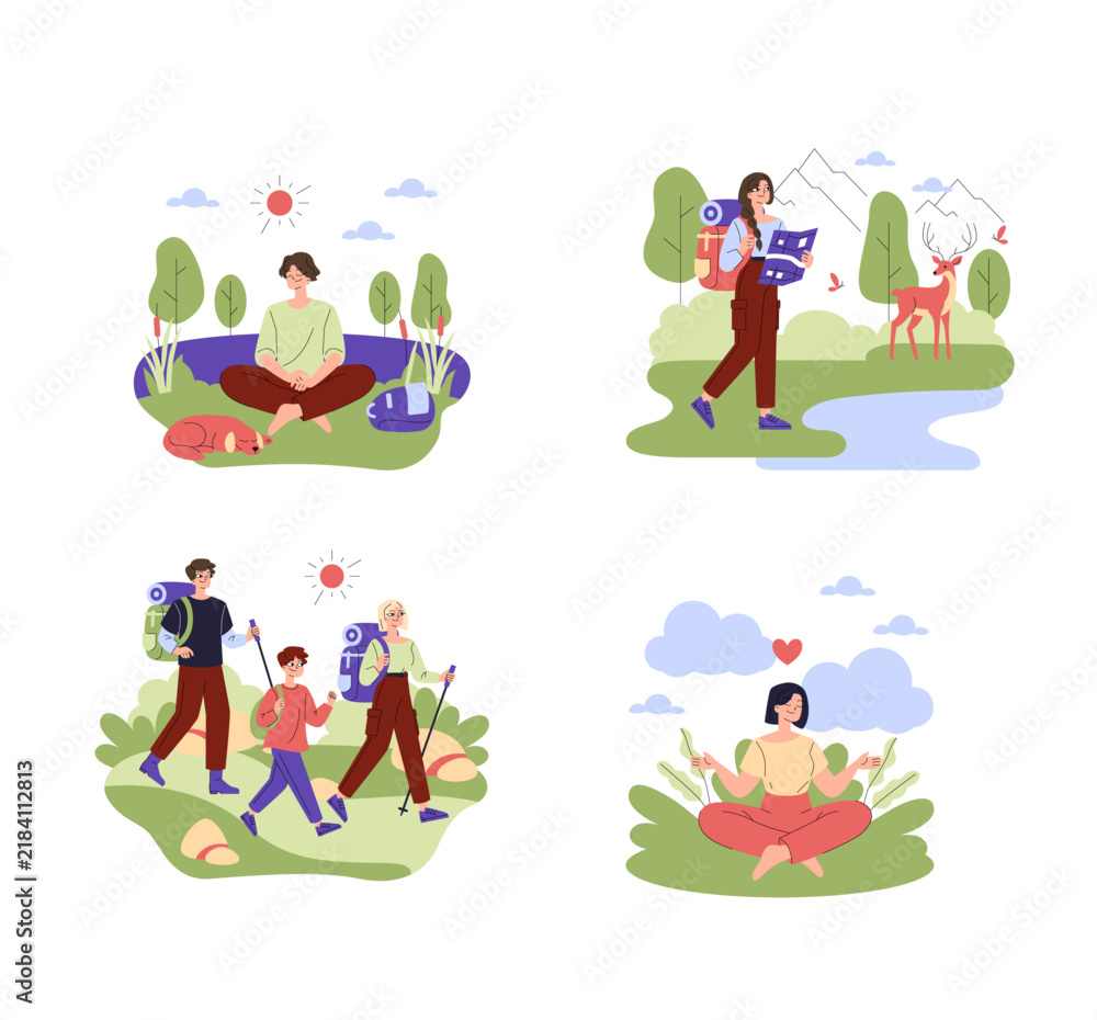 Fototapeta premium Hiking and Meditation Outdoor Activities Vector Illustration