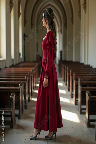 beautiful young medieval woman, elegantly dressed in scarlet AI