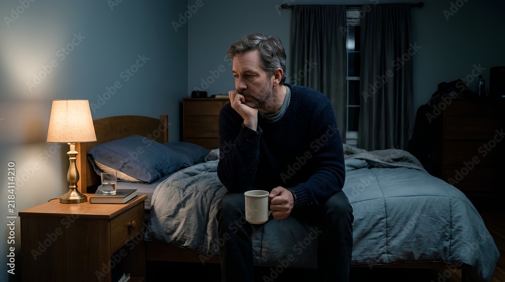 Fototapeta premium Pensive middle-aged man sitting alone on bed edge in dimly lit bedroom, holding white mug, warm lamp glow on nightstand, contemplative late-night mood, melancholic reflection