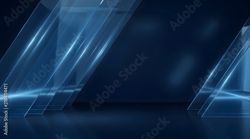 Abstract dark blue background with glowing light lines and geometric glass shapes