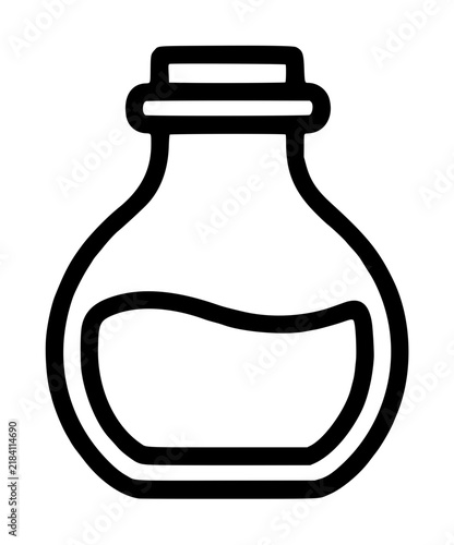 Minimalist line icon of a rounded bottle with liquid inside, simple hand-drawn vector illustration, flat design outline symbol on white background - professional high detailed commercial stock