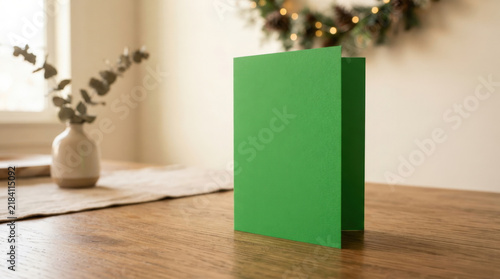Minimalist green vertical folded greeting card sitting on wooden table near vase with green foliage for design layout display.