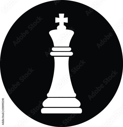 Minimalist chess king icon, white chess piece vector on black circle background, strategic leadership symbol for business branding