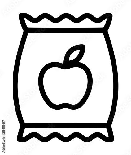 Apple Chips Bag Simple Black Line Art Vector Icon Illustration, Minimalist Snack Food Package Pictogram Design for Mobile Apps Websites and Digital Interfaces - detailed commercial stock imagery
