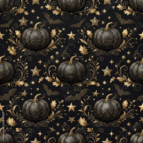 Obraz na płótnie Elegant Seamless Halloween Pattern with Black Ornate Pumpkins, Golden Filigree, Bats, and Stars