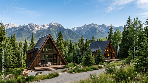 Luxurious A-frame mountain cabins nestled among pine trees with stunning alpine views