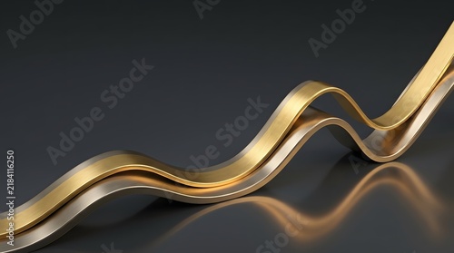 Abstract wavy gold and silver metallic ribbons on a dark grey background