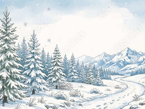 A beautiful watercolor illustration of a serene winter landscape with snow-covered pine trees, a winding path, and distant mountains under a snowy sky.