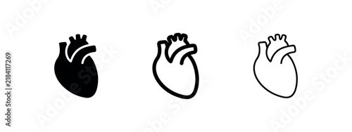 Anatomical heart icon set. Human organ, cardiology, and health symbols in solid, bold, and outline styles.