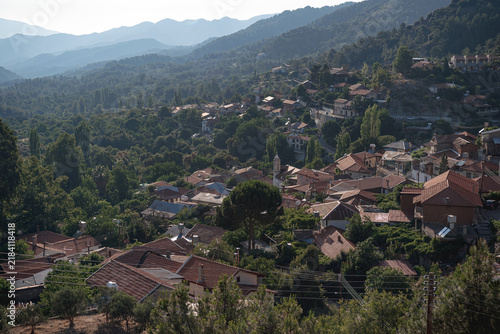 Foini village surrounded by lush green forest in the Troodos mountains