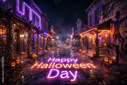 Happy Halloween Day Neon Light Street with Glowing Pumpkins and Purple Decoration at Night