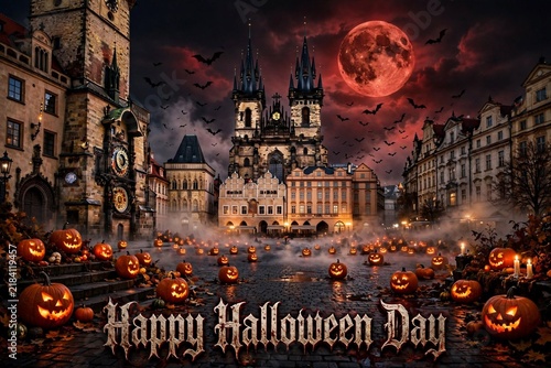 Happy Halloween Day in Historic European Town Square with Blood Moon and Floating Pumpkins