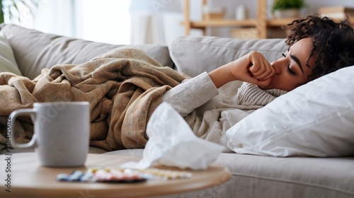 Young woman feeling unwell and suffering from a cold or flu, covering her mouth while coughing or sneezing, resting on a sofa under a blanket at home, with tissues and medication on a table