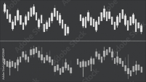 Set of white halftone candlestick financial charts representing stock market trends