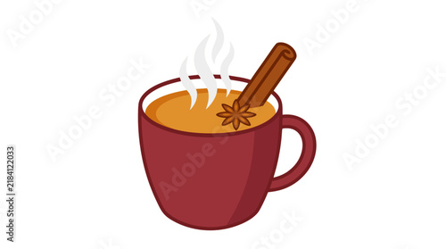 Steaming ceramic mug filled with hot apple cider featuring cinnamon stick and star anise garnish, flat color vector illustration in warm amber and burgundy tones, cozy winter hot beverage clipart