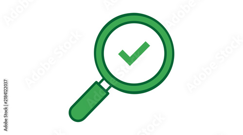Flat vector magnifying glass icon with green checkmark visible inside lens, bold green and white colors, search verified concept illustration on white background, quality inspection symbol