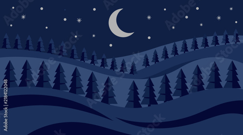 Moonlit Winter Hillside with Fir Trees and Gentle Snowdrifts Deep Navy Silver Flat Design Vector Illustration Night Landscape - professional high resolution commercial detailed commercial stock