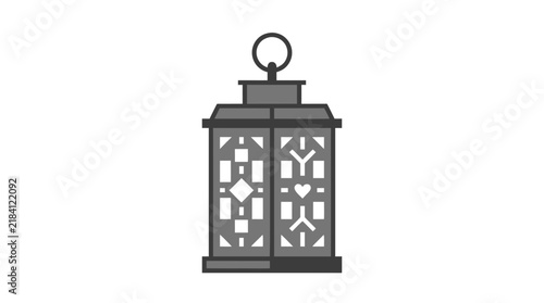 Scandinavian Style Decorative Lantern with Simple Geometric Cutout Patterns Including Diamonds Hearts and Triangles, Flat Minimalist Vector Illustration in Gray and White Tones on Clean White